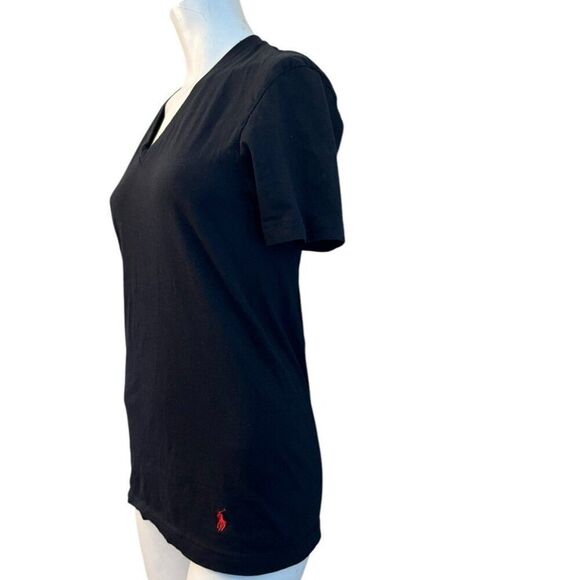 Polo Ralph Lauren Ladies Small Black V Neck T Shirt Red Embroidered Pony Logo - Picture 2 of 4